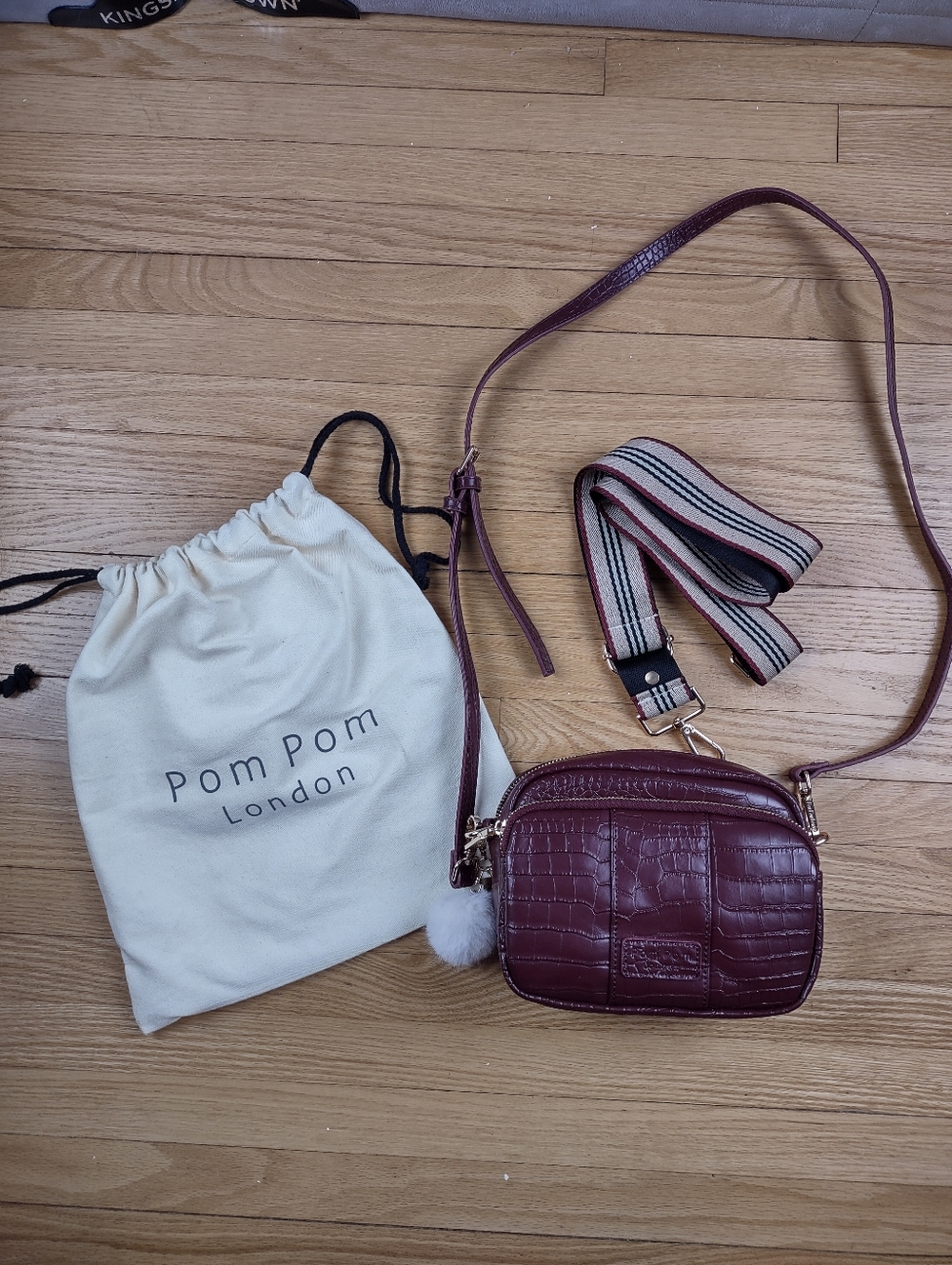 Pom Pom London Burgundy Croc-Embossed Crossbody Bag